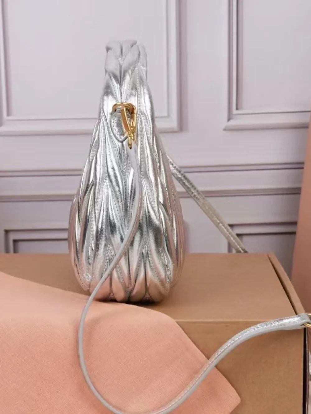 Miu Miu Silver Quilted Shoulder Bag with Gold Logo